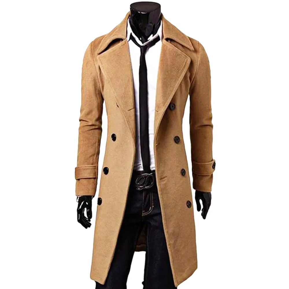 Solid Color Long Woolen Coat Casual Business Jacket Outwear for Men