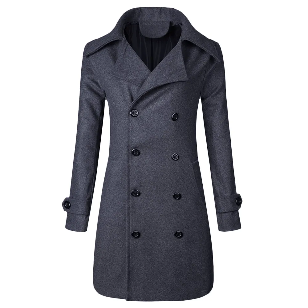 Solid Color Long Woolen Coat Casual Business Jacket Outwear for Men