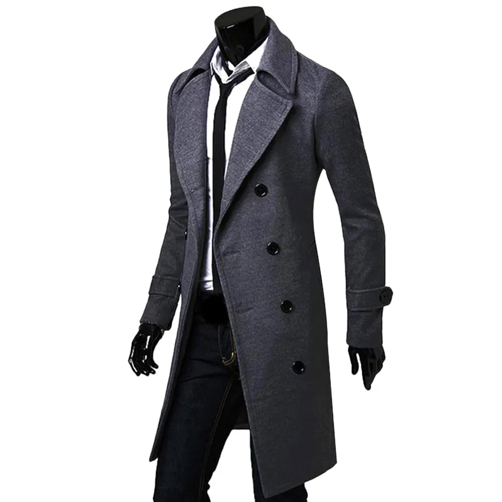 Solid Color Long Woolen Coat Casual Business Jacket Outwear for Men