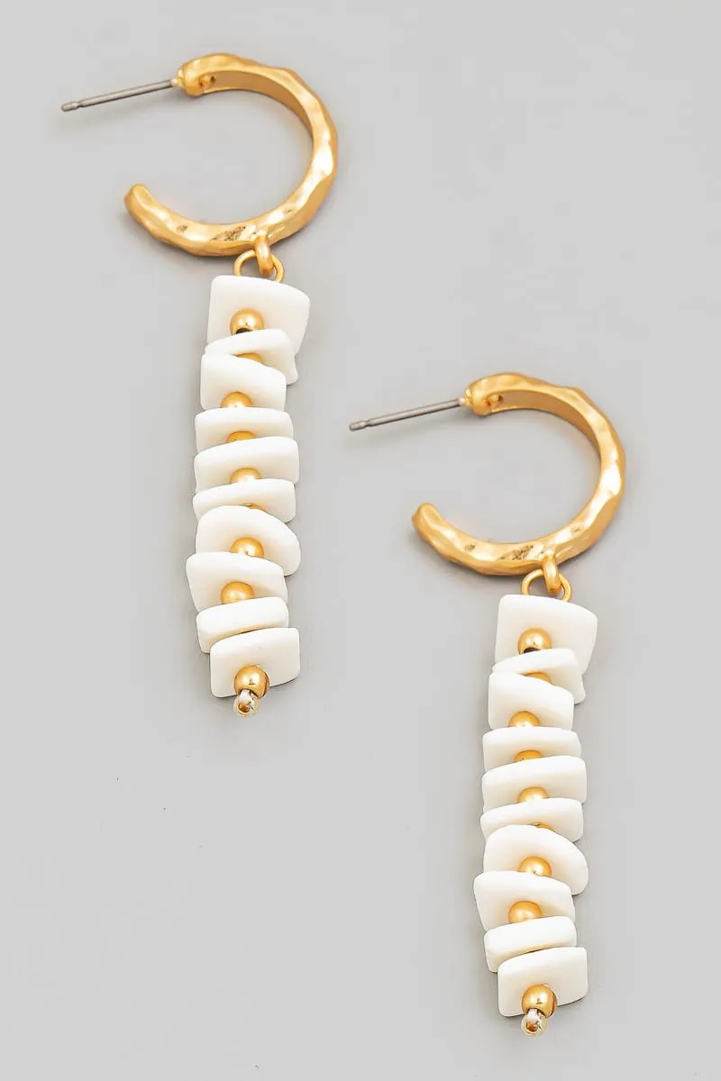 Stacked Shell Beaded Charm Hoop Earrings In White