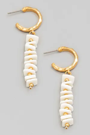 Stacked Shell Beaded Charm Hoop Earrings In White