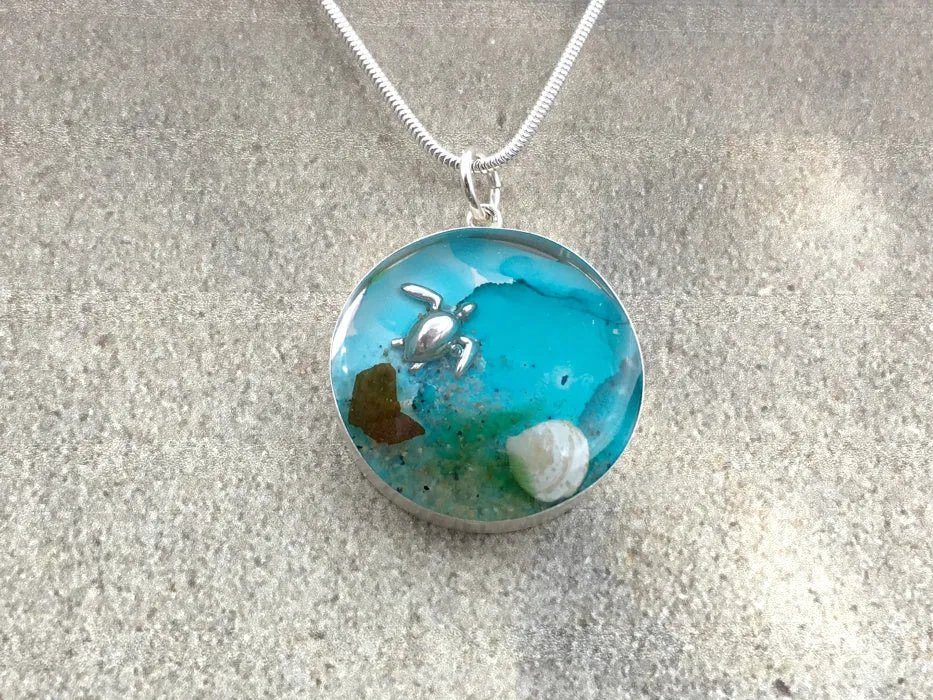 Sterling silver 25mm Round Pendant with Chain and Earring Set with Shells, Sand, Sea glass, Seaweed, plants, Sea turtle,  New Jersey, LBI, shore, ocean,  beach comber, Alcohol ink