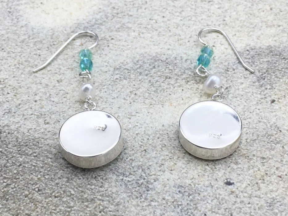 Sterling silver 25mm Round Pendant with Chain and Earring Set with Shells, Sand, Sea glass, Seaweed, plants, Sea turtle,  New Jersey, LBI, shore, ocean,  beach comber, Alcohol ink