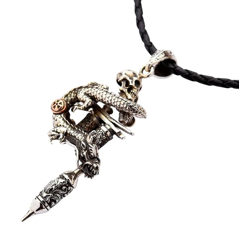 Sterling Silver Dragon Skull Tattoo Machine Gun Pendant