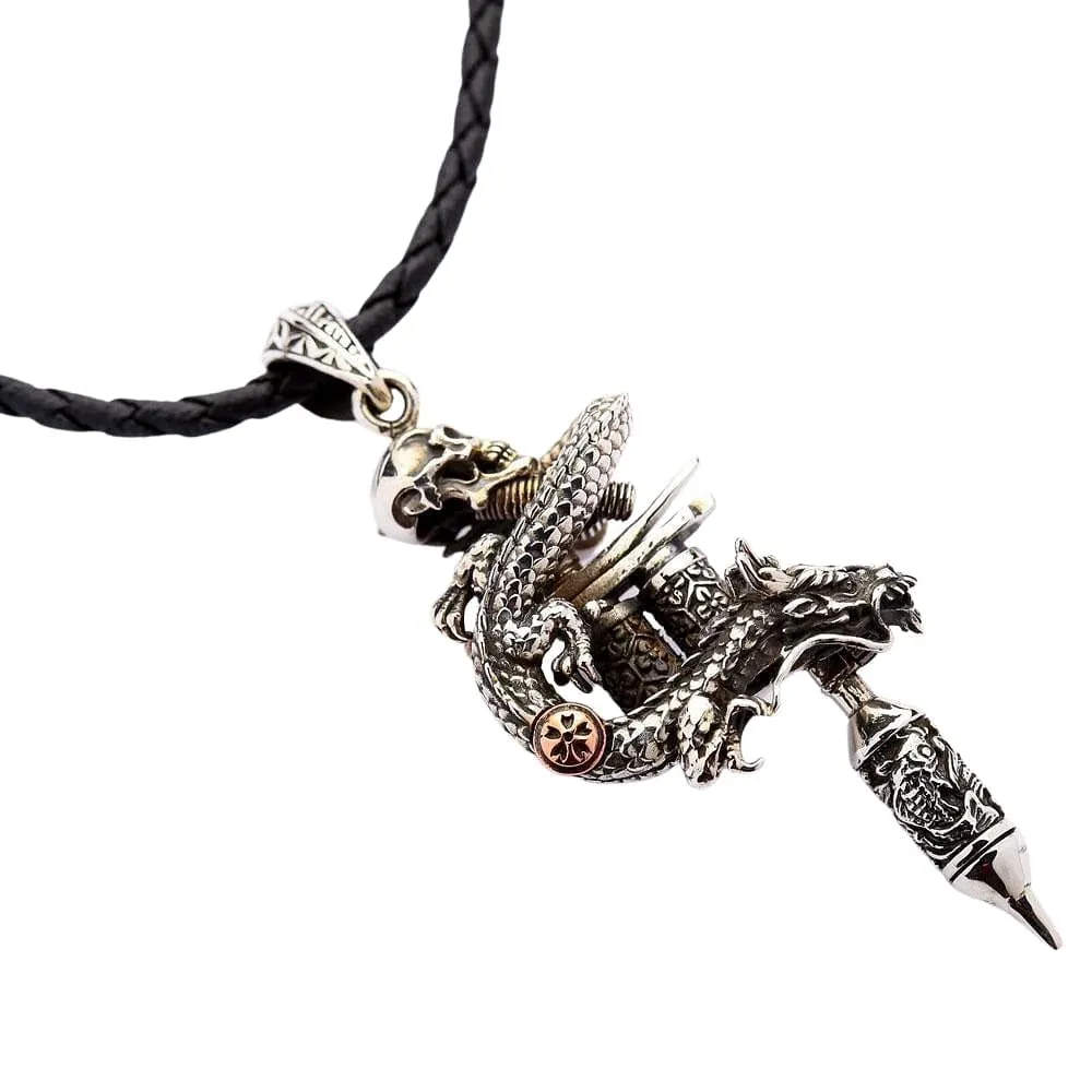 Sterling Silver Dragon Skull Tattoo Machine Gun Pendant