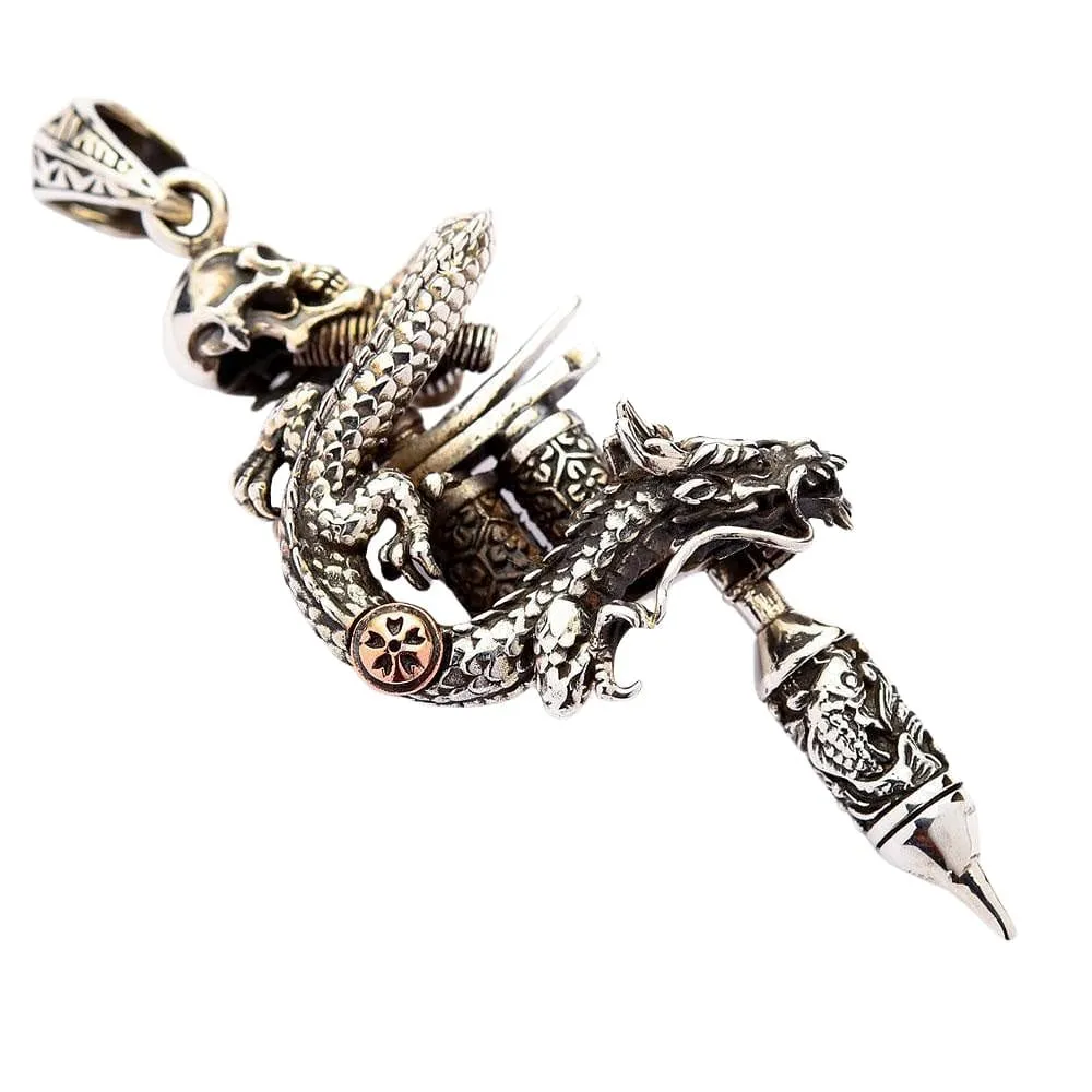 Sterling Silver Dragon Skull Tattoo Machine Gun Pendant