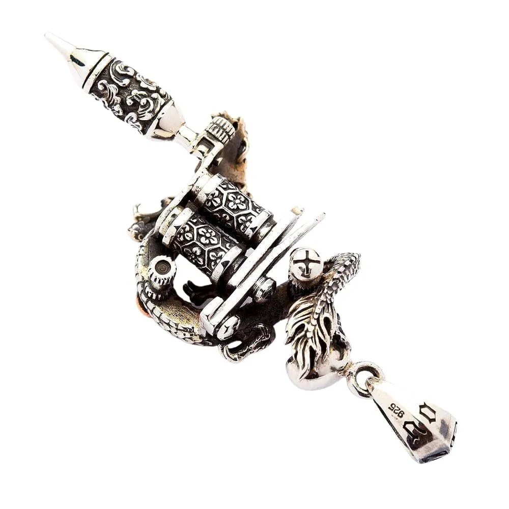 Sterling Silver Dragon Skull Tattoo Machine Gun Pendant