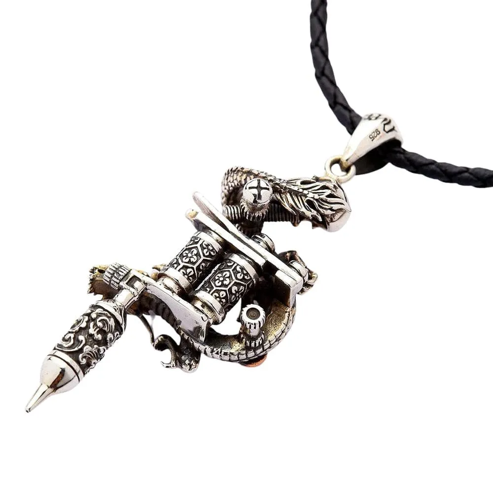 Sterling Silver Dragon Skull Tattoo Machine Gun Pendant