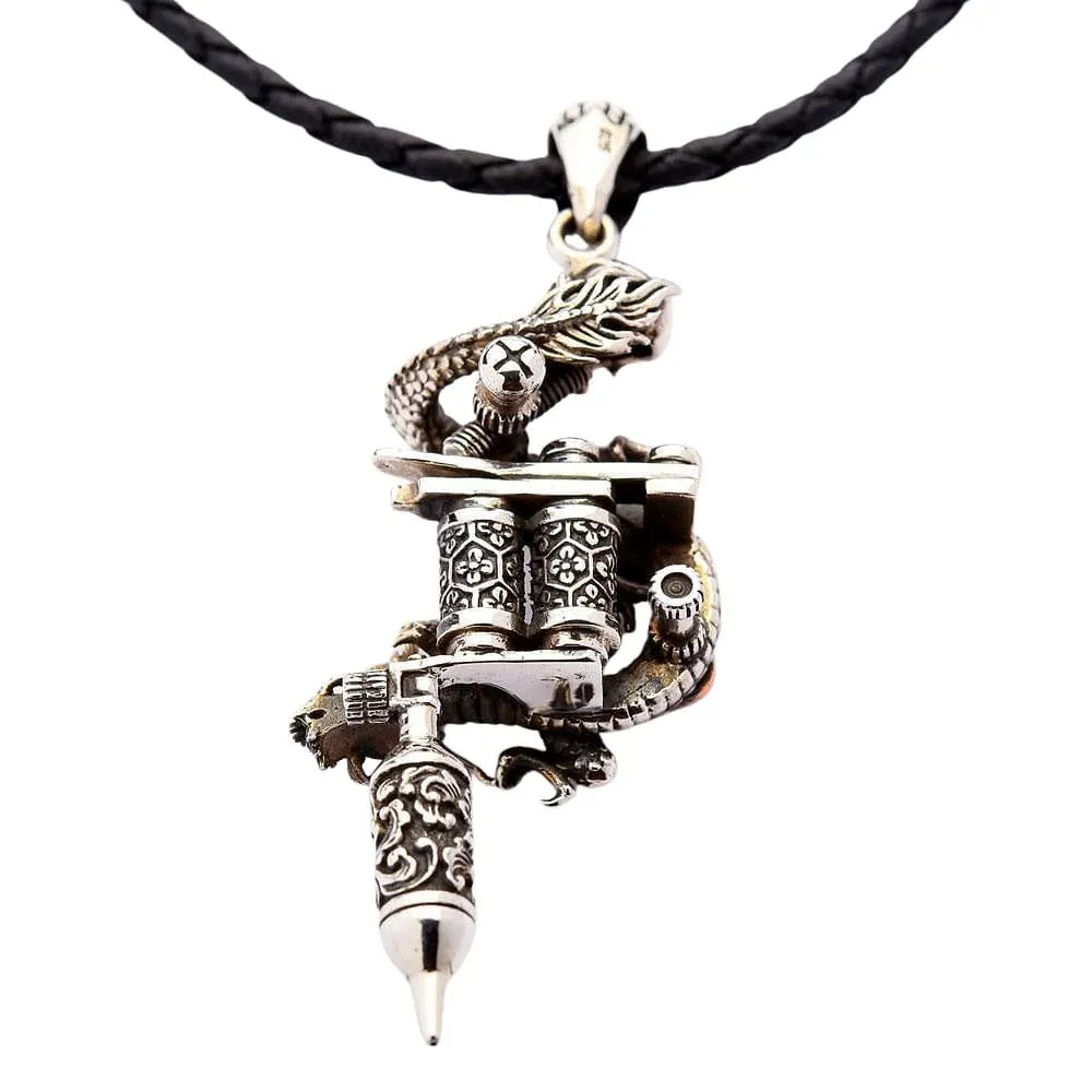 Sterling Silver Dragon Skull Tattoo Machine Gun Pendant