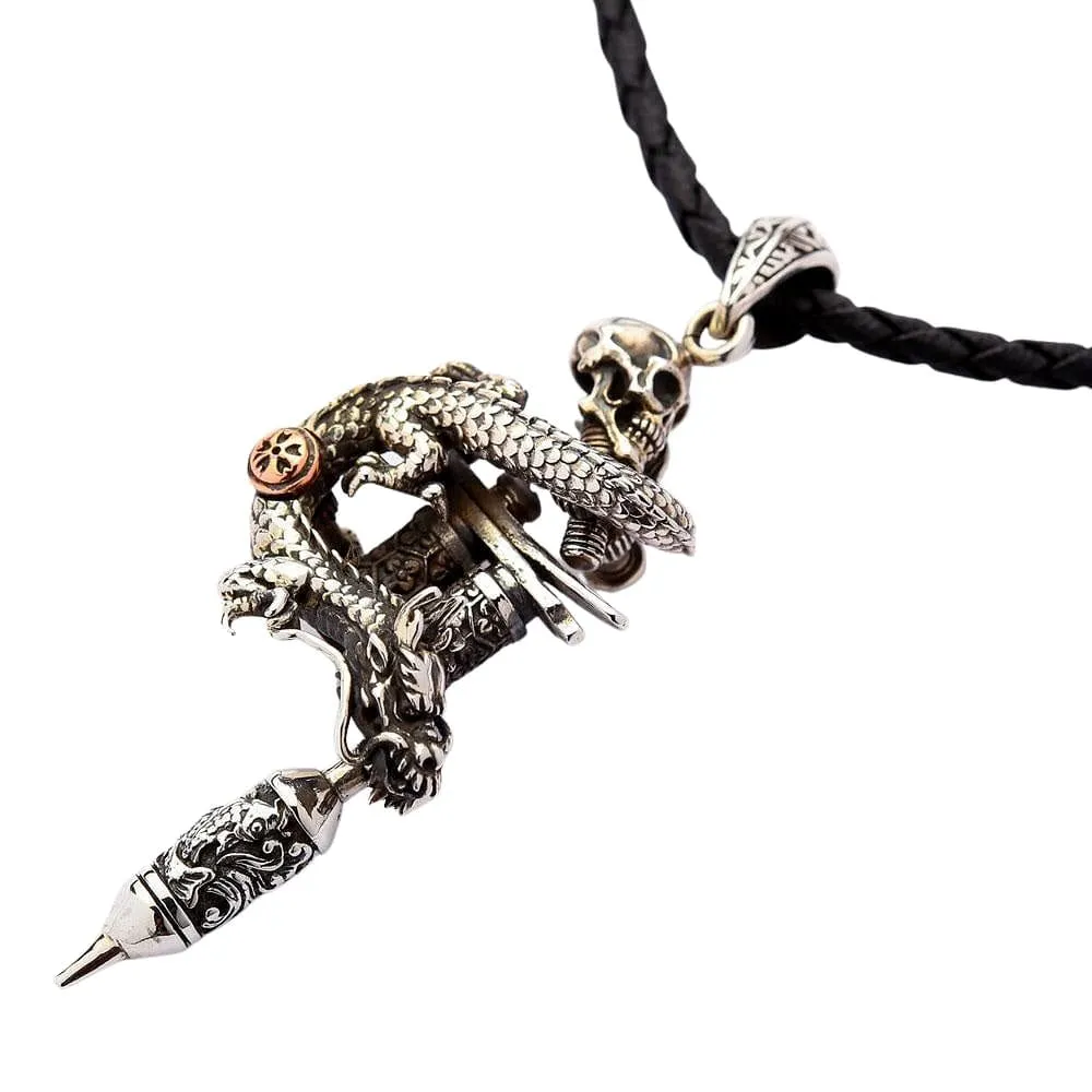 Sterling Silver Dragon Skull Tattoo Machine Gun Pendant