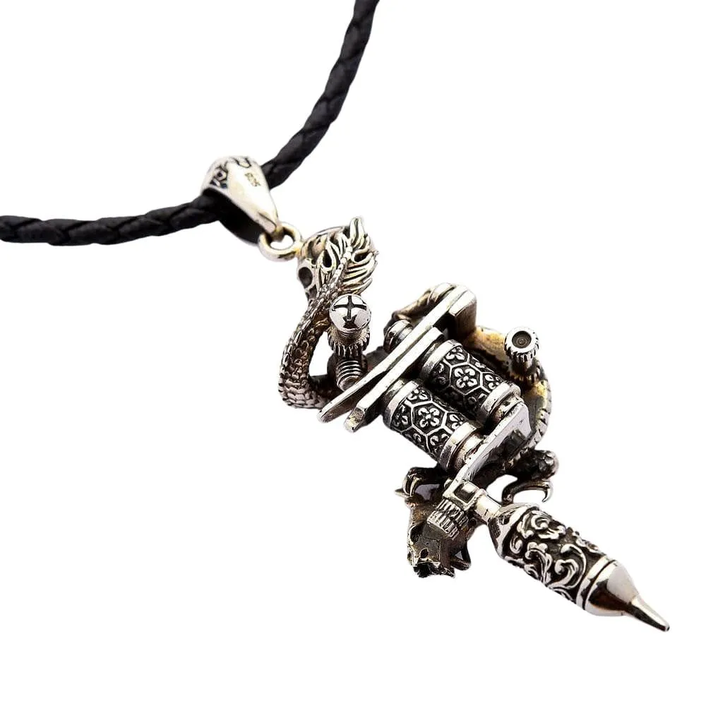 Sterling Silver Dragon Skull Tattoo Machine Gun Pendant