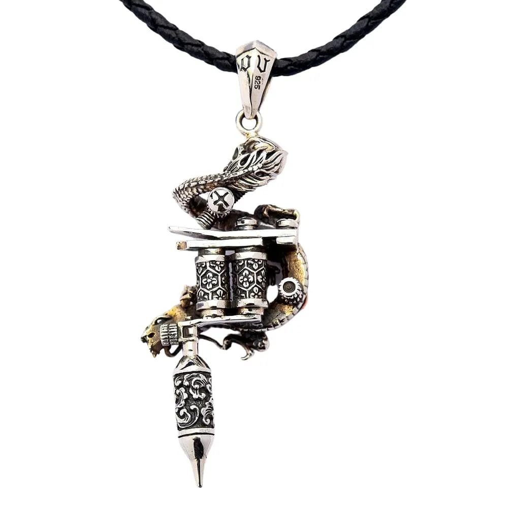 Sterling Silver Dragon Skull Tattoo Machine Gun Pendant