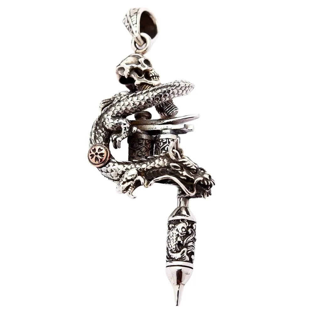 Sterling Silver Dragon Skull Tattoo Machine Gun Pendant