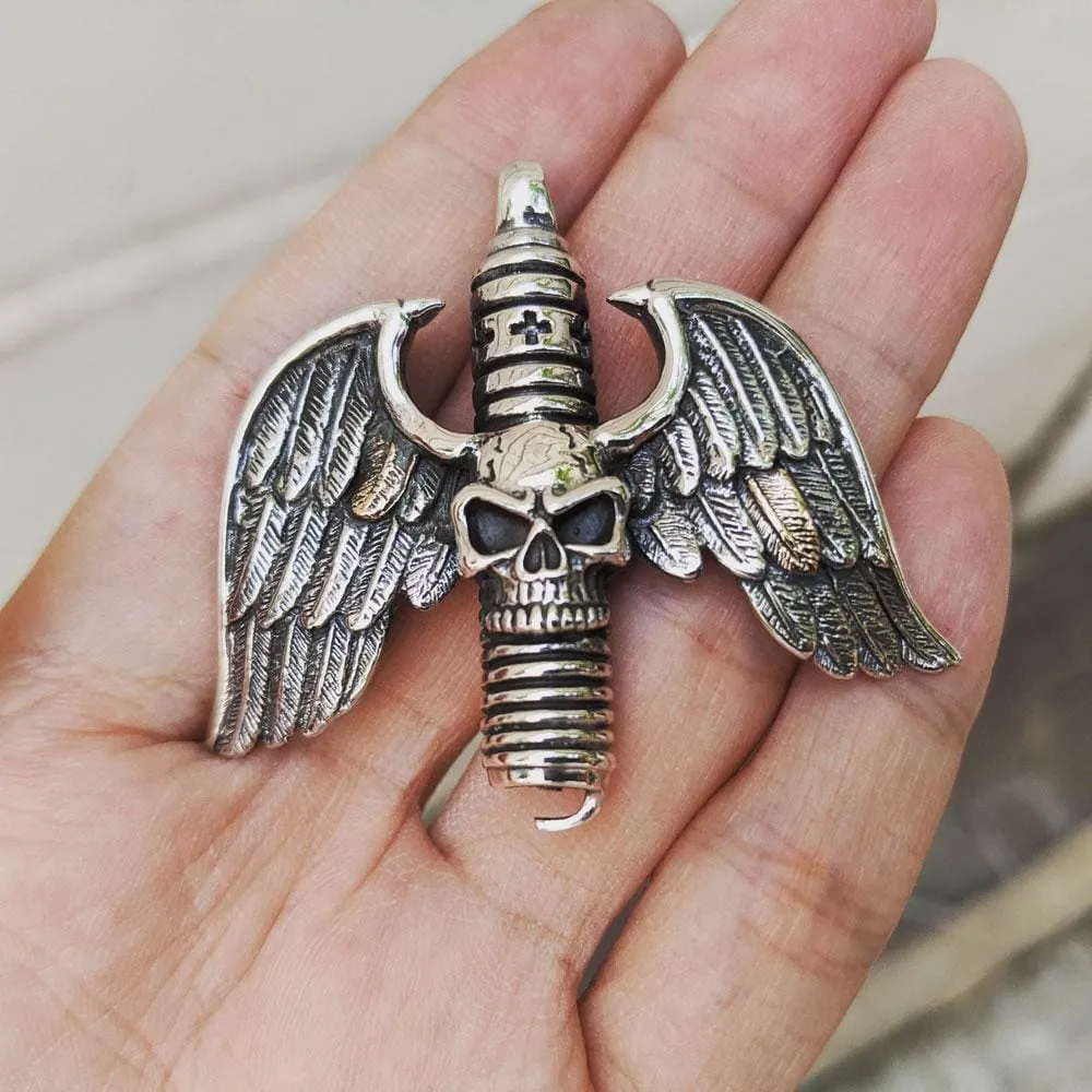 Sterling Silver Skull Wings Gothic Pendant
