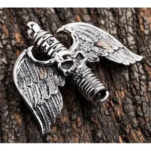 Sterling Silver Skull Wings Gothic Pendant