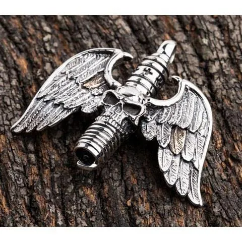 Sterling Silver Skull Wings Gothic Pendant