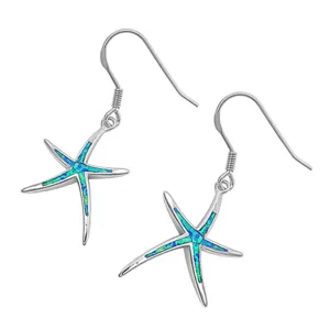 Sterling Silver Starfish Ocean Sea Shell Beach Star Earrings Blue Synthetic Opal
