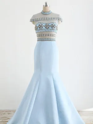 Stunning Pale Blue  Beaded See Through Top Cap Sleeve Mermaid Prom Dresses,PD00066