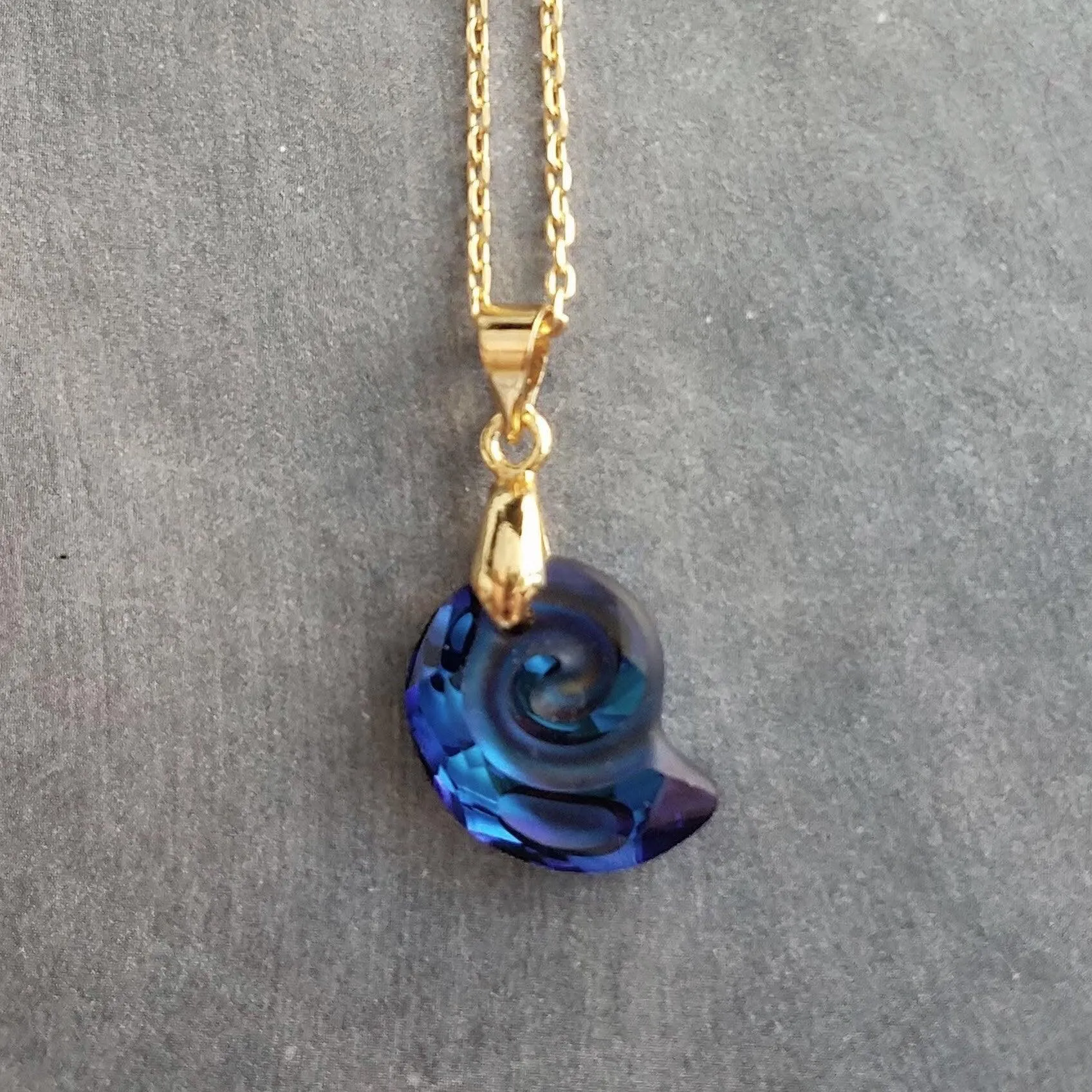 Swarovski Blue Seashell Necklace, gold chain, Bermuda blue crystal, nautilus shell pendant, gold shell necklace, crystal shell, cobalt blue