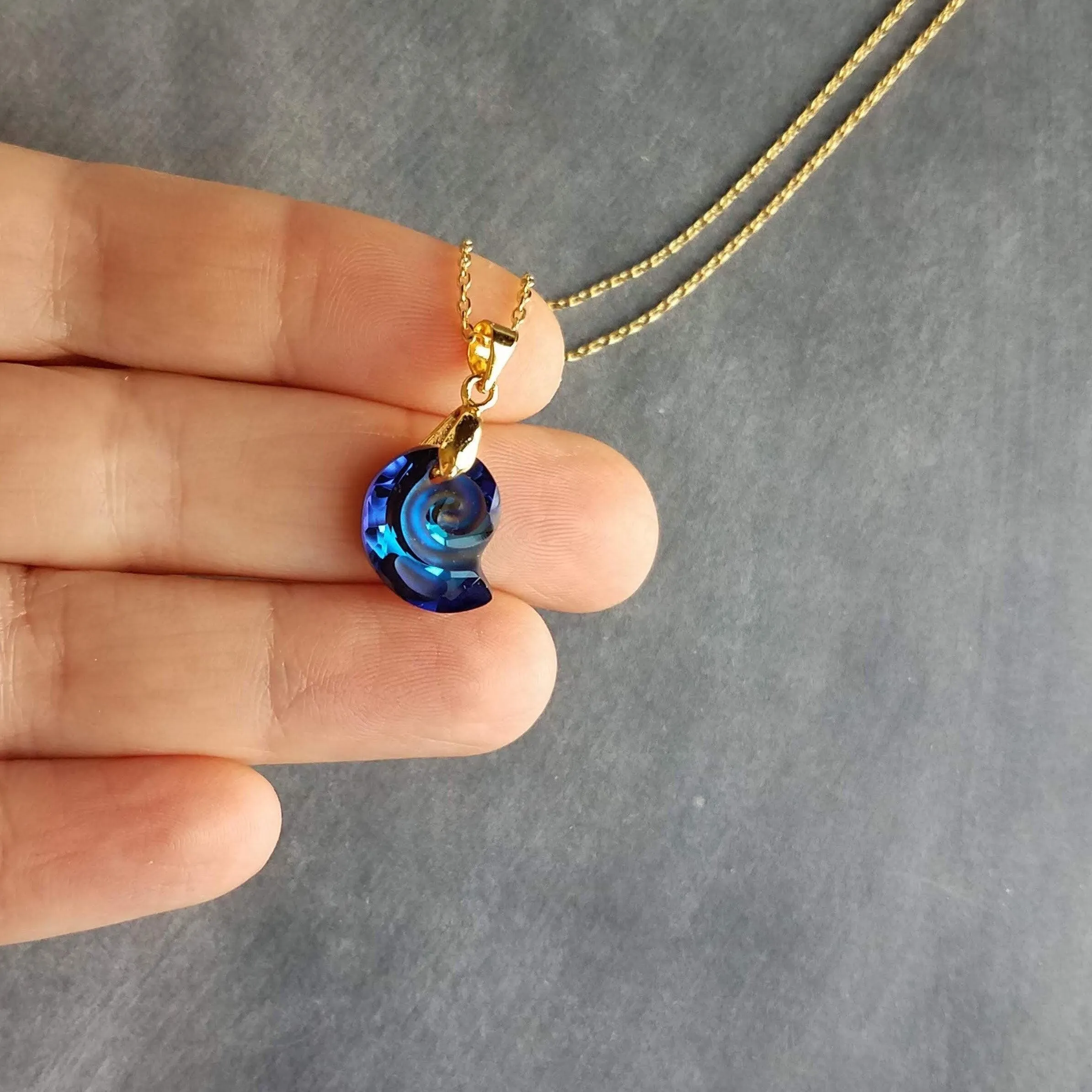Swarovski Blue Seashell Necklace, gold chain, Bermuda blue crystal, nautilus shell pendant, gold shell necklace, crystal shell, cobalt blue