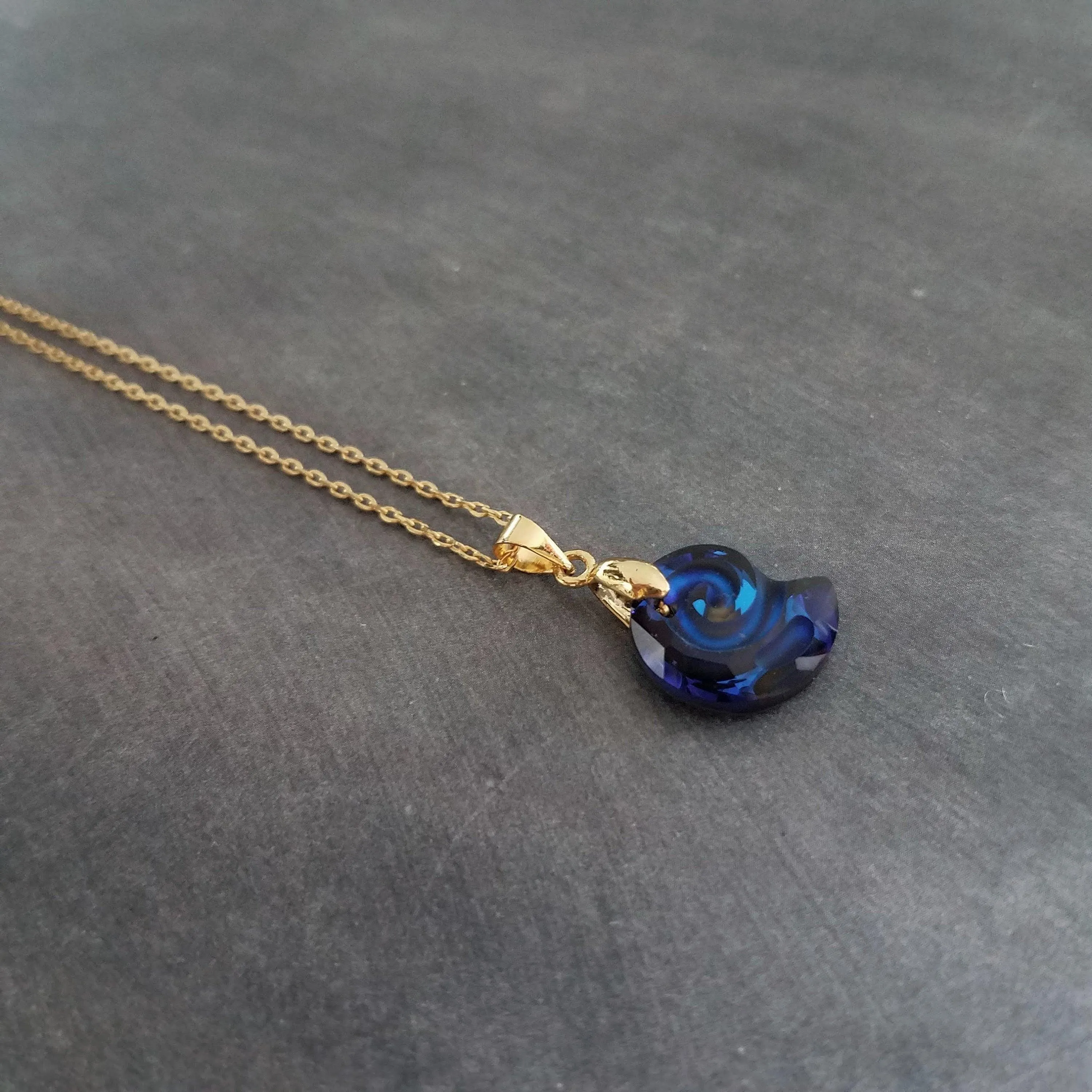 Swarovski Blue Seashell Necklace, gold chain, Bermuda blue crystal, nautilus shell pendant, gold shell necklace, crystal shell, cobalt blue