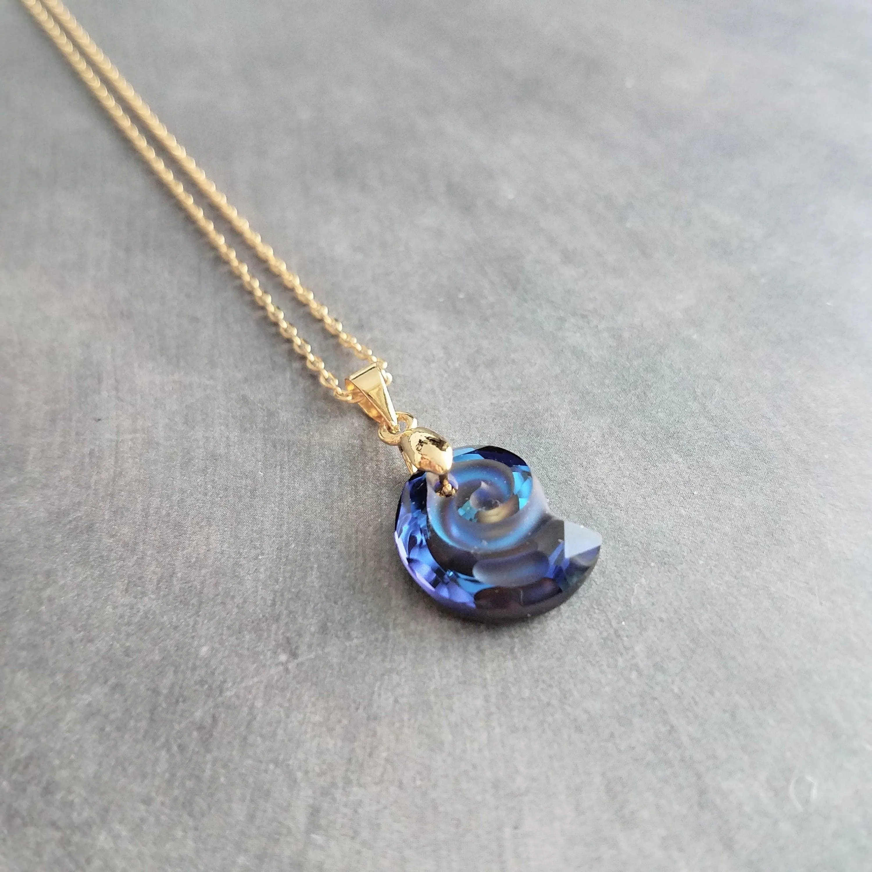Swarovski Blue Seashell Necklace, gold chain, Bermuda blue crystal, nautilus shell pendant, gold shell necklace, crystal shell, cobalt blue