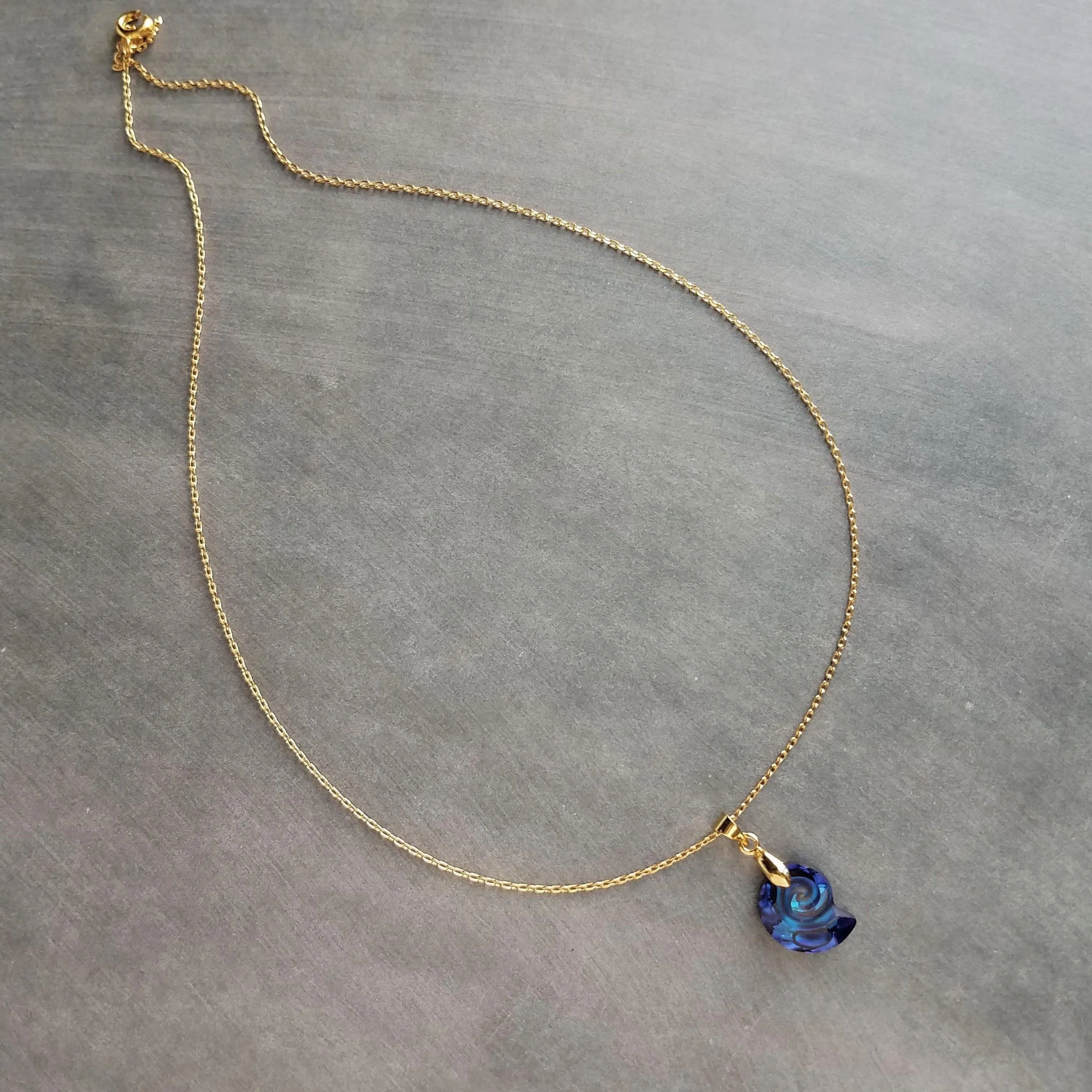 Swarovski Blue Seashell Necklace, gold chain, Bermuda blue crystal, nautilus shell pendant, gold shell necklace, crystal shell, cobalt blue