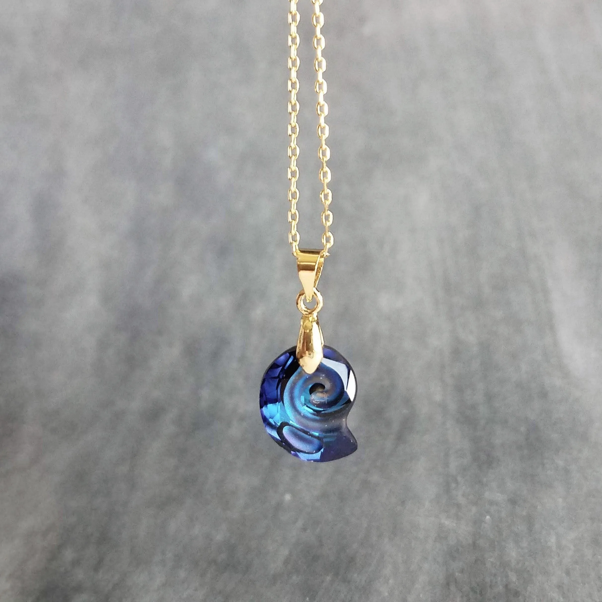 Swarovski Blue Seashell Necklace, gold chain, Bermuda blue crystal, nautilus shell pendant, gold shell necklace, crystal shell, cobalt blue