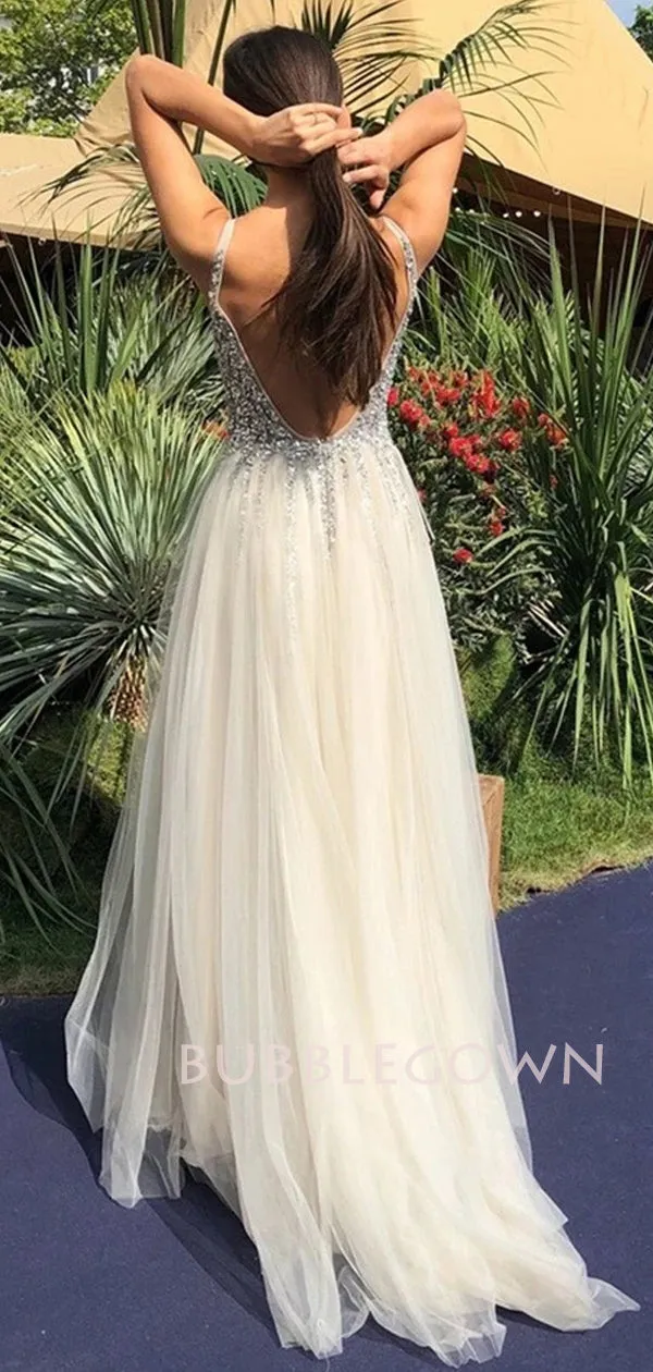 Sweetheart Beaded Deep V Neck Long Backless Evening Prom Dresses, Cheap Custom Prom Dresses, MR7127