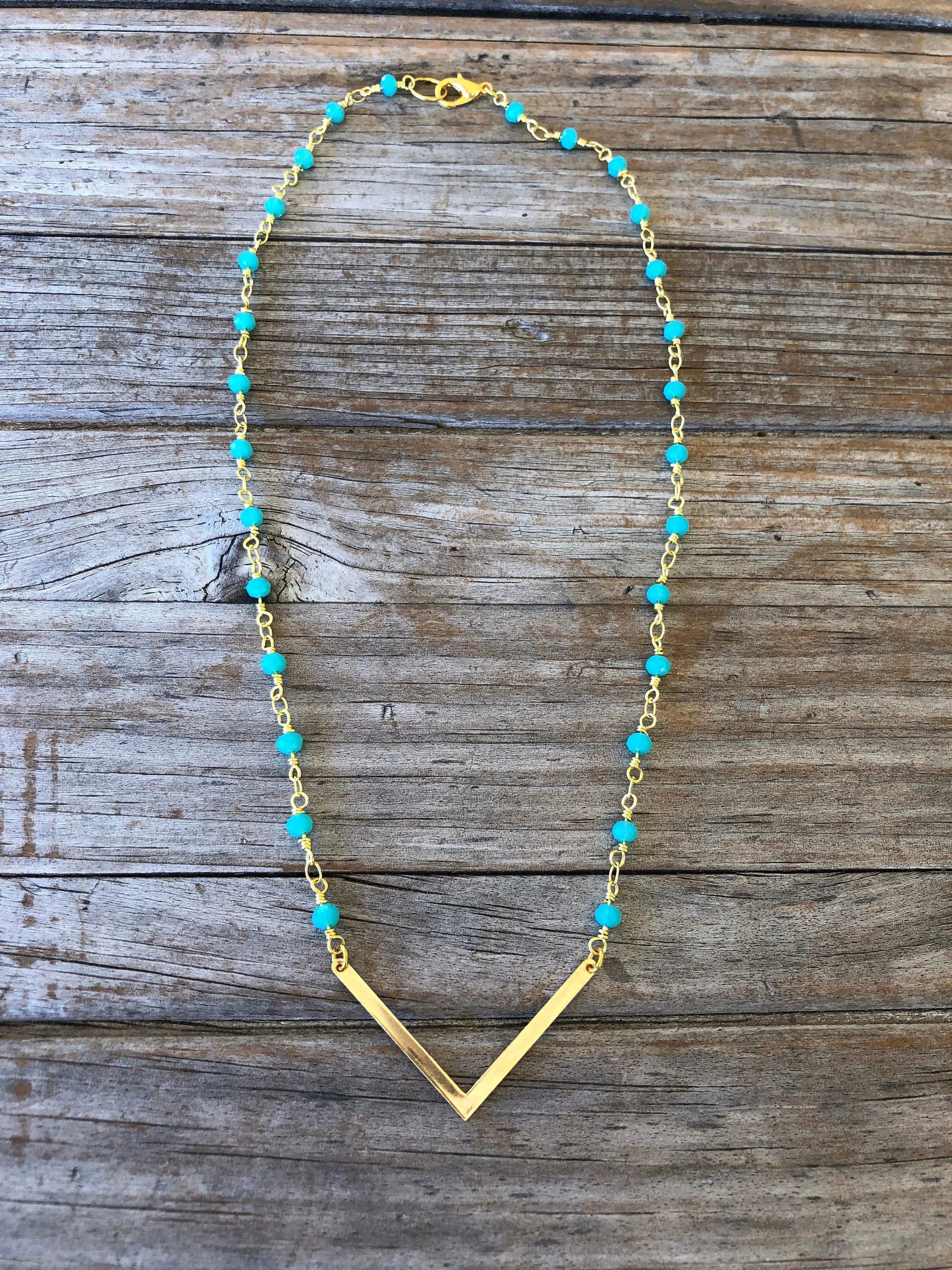 Teal Beaded V Necklace