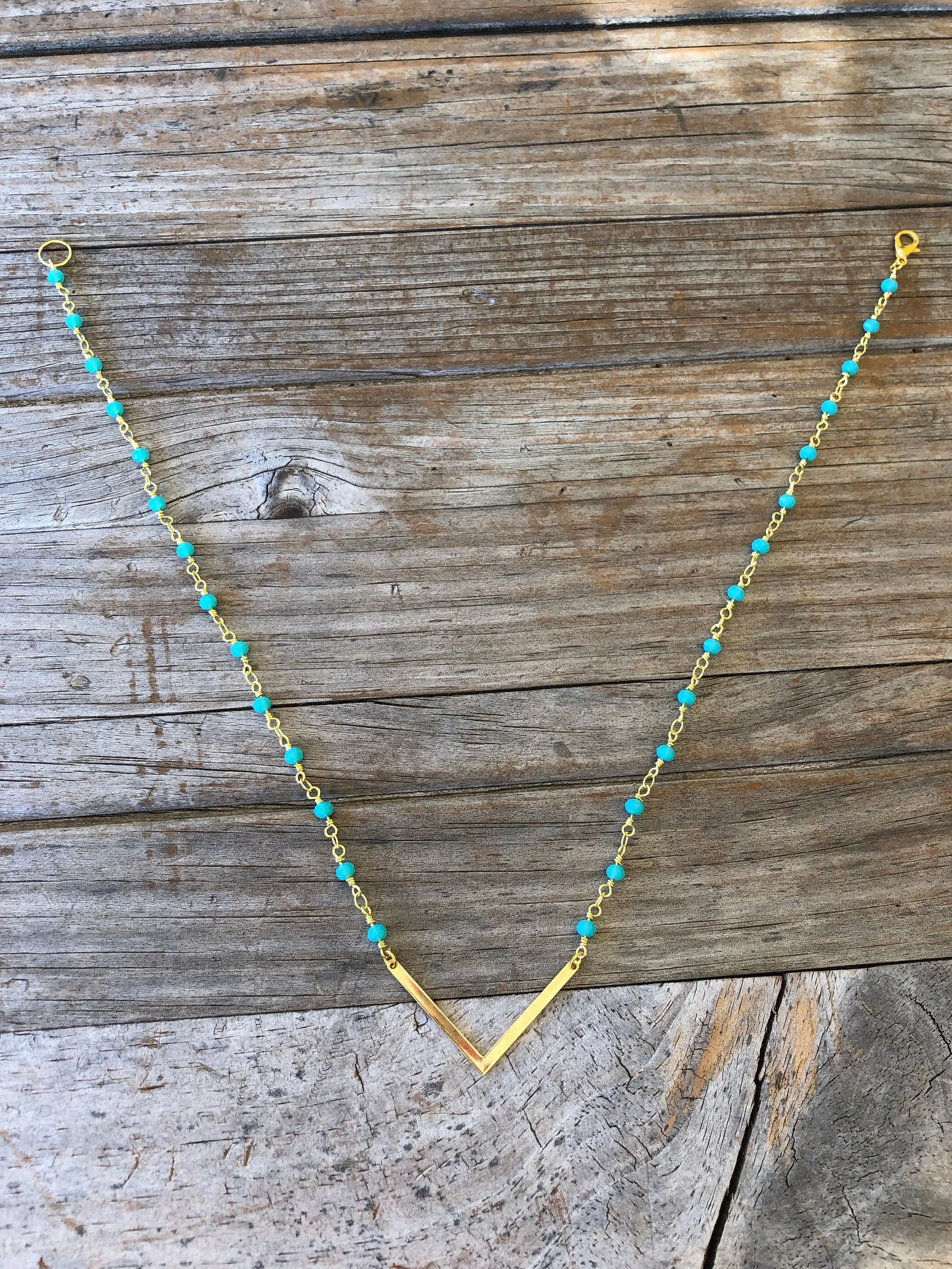 Teal Beaded V Necklace