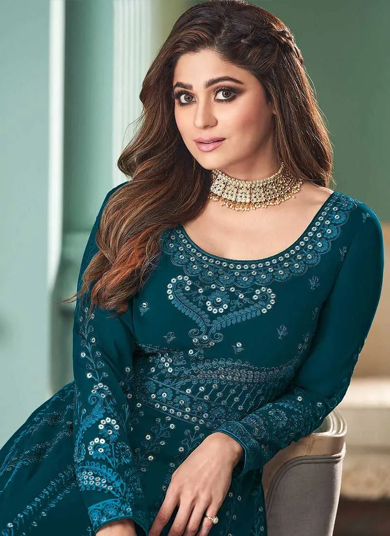 Teal Blue Heavy Embroidered Gown Style Anarkali