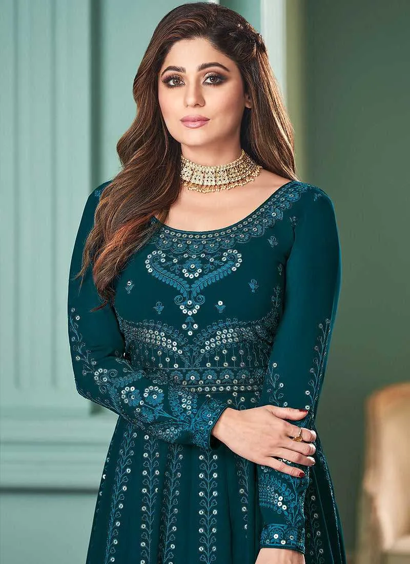 Teal Blue Heavy Embroidered Gown Style Anarkali