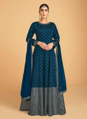 Teal Blue Sequin Embroidered Designer Kalidar Anarkali