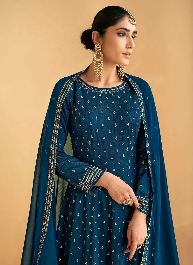 Teal Blue Sequin Embroidered Designer Kalidar Anarkali