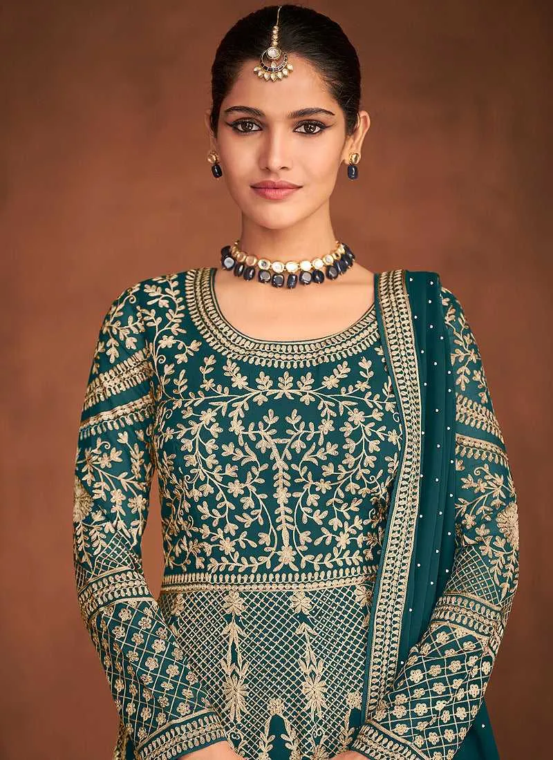 Teal Heavy Embroidered Designer Gown Style Anarkali