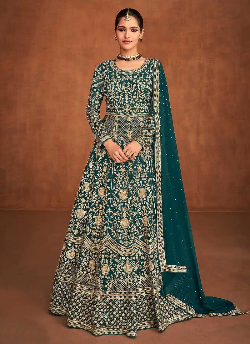 Teal Heavy Embroidered Designer Gown Style Anarkali
