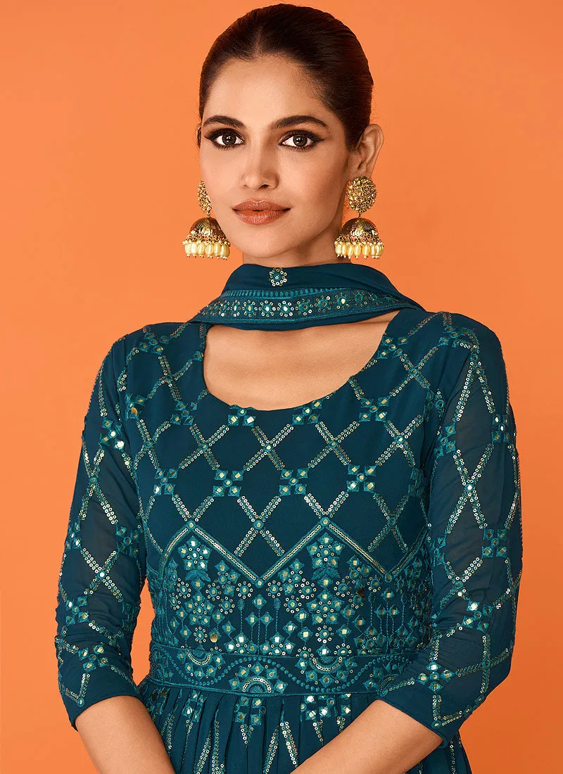 Teal Heavy Embroidered Floor touch Kalidar Anarkali