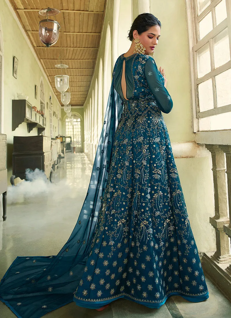 Teal Heavy Embroidered Kalidar Anarkali Suit