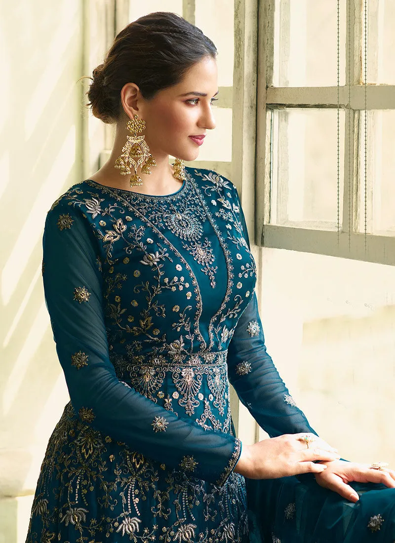 Teal Heavy Embroidered Kalidar Anarkali Suit