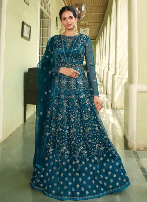 Teal Heavy Embroidered Kalidar Anarkali Suit