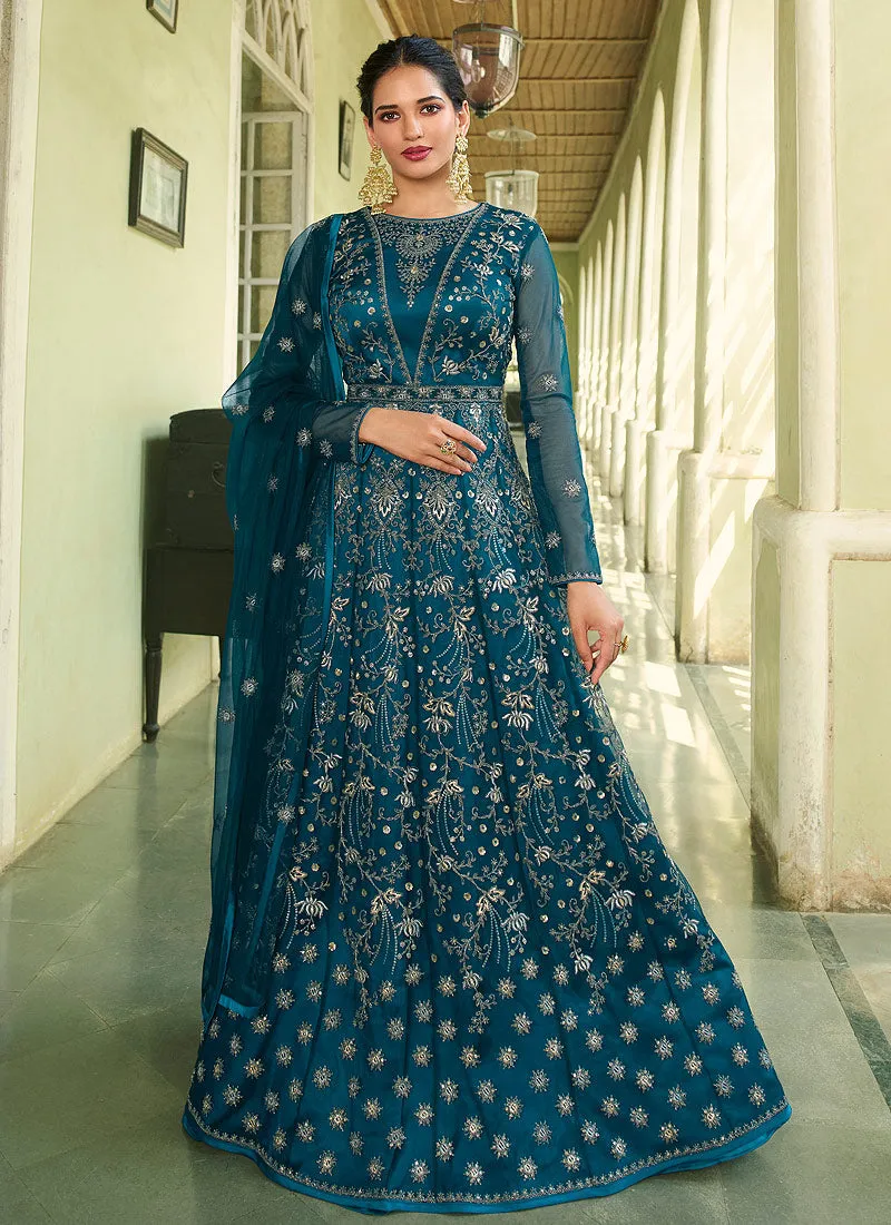 Teal Heavy Embroidered Kalidar Anarkali Suit