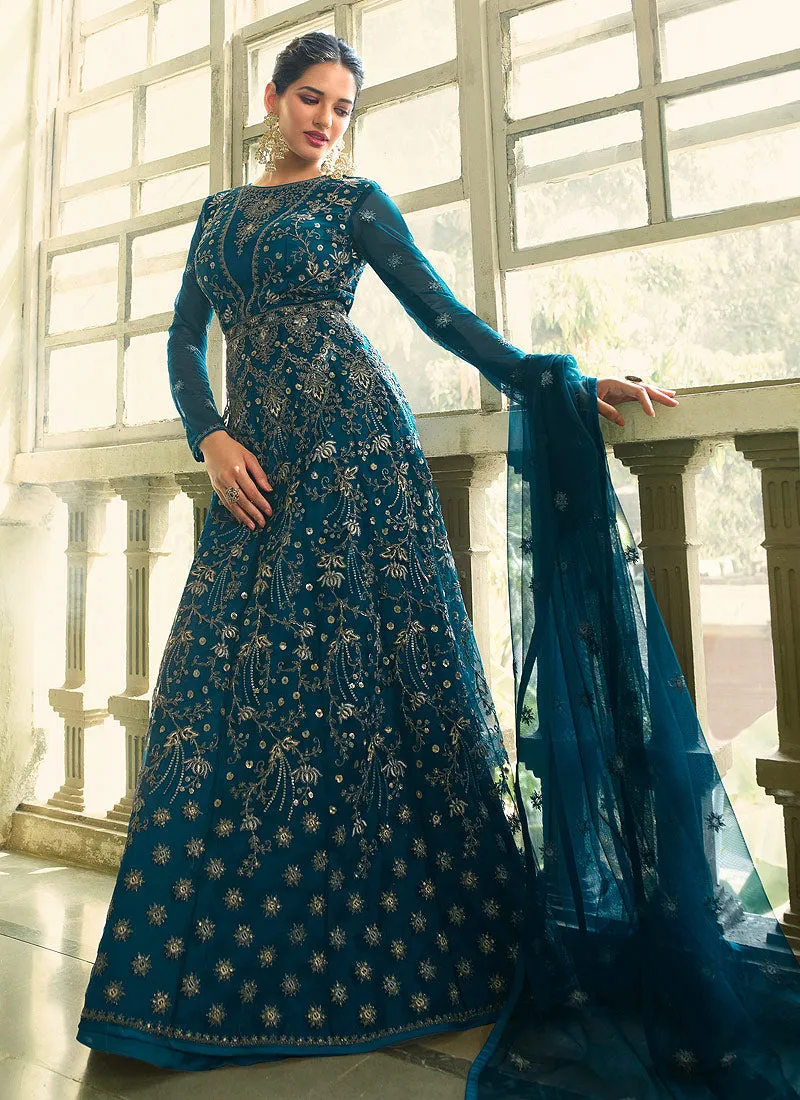 Teal Heavy Embroidered Kalidar Anarkali Suit