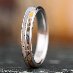 The Beach Comber | Women's Silver Wedding Band with Abalone Shell, Orange Oyster Shell & Sand