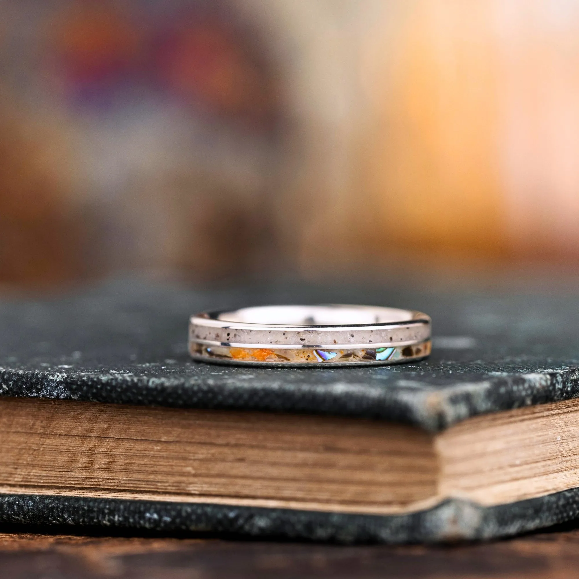 The Beach Comber | Women's Silver Wedding Band with Abalone Shell, Orange Oyster Shell & Sand