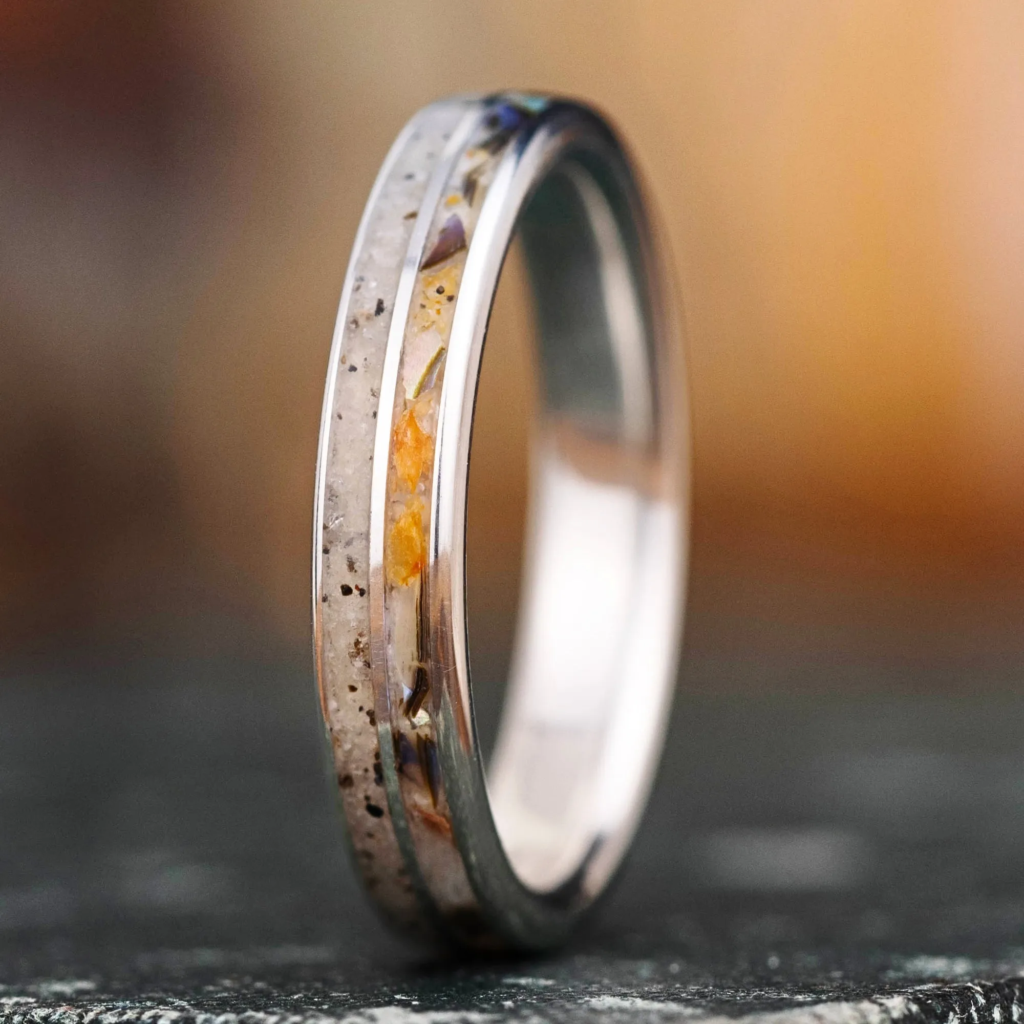The Beach Comber | Women's Silver Wedding Band with Abalone Shell, Orange Oyster Shell & Sand