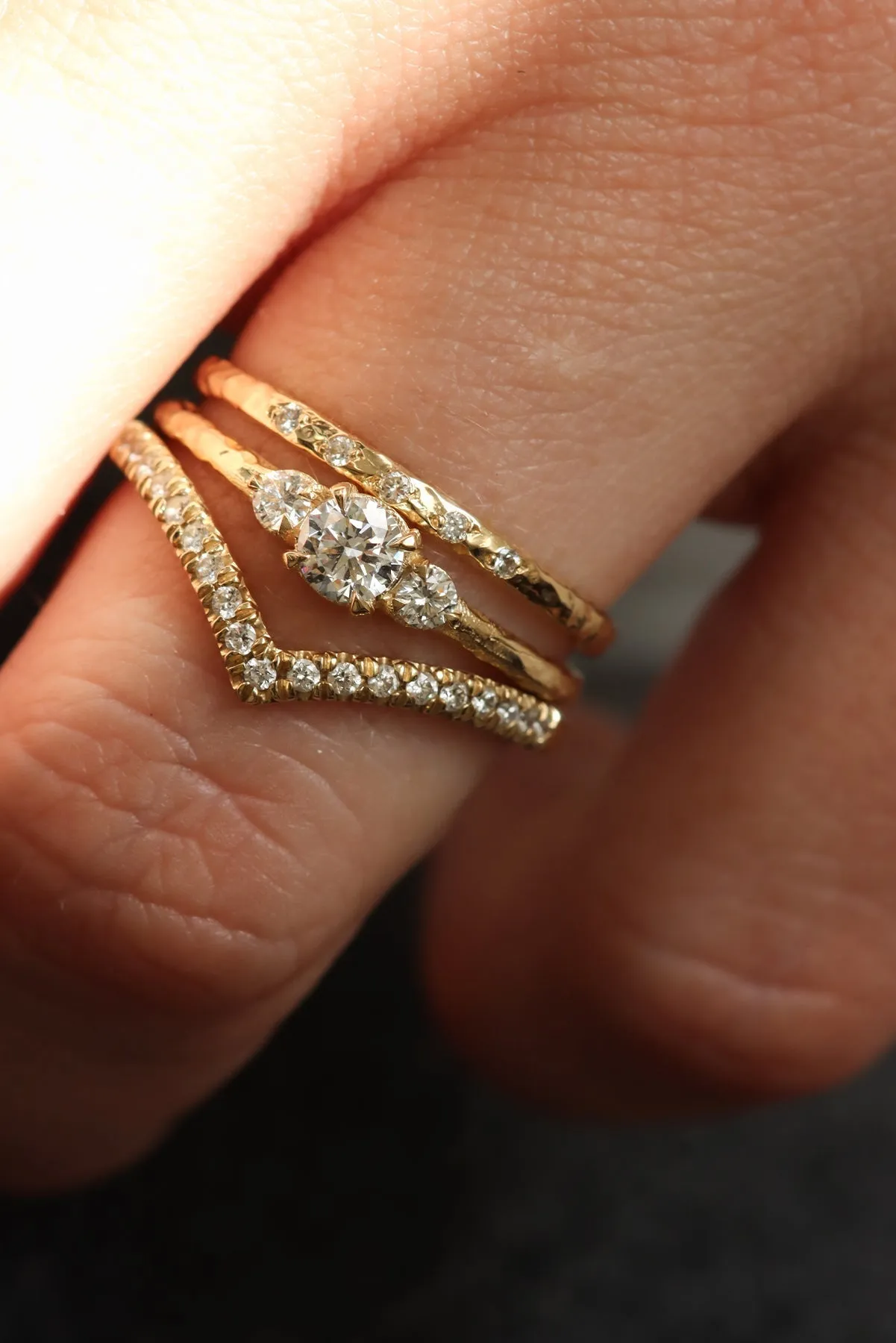 Three Stone Engagement Ring With Hammered Band Texture in Solid Gold (Ready To Ship)