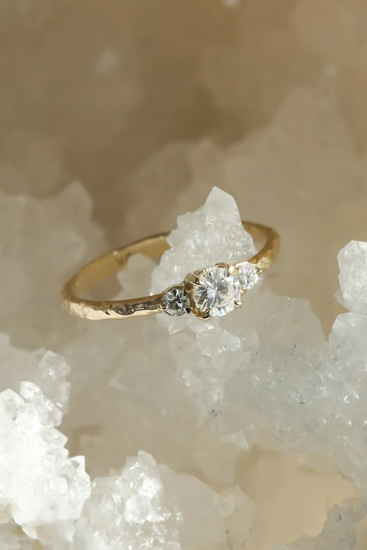 Three Stone Engagement Ring With Hammered Band Texture in Solid Gold (Ready To Ship)