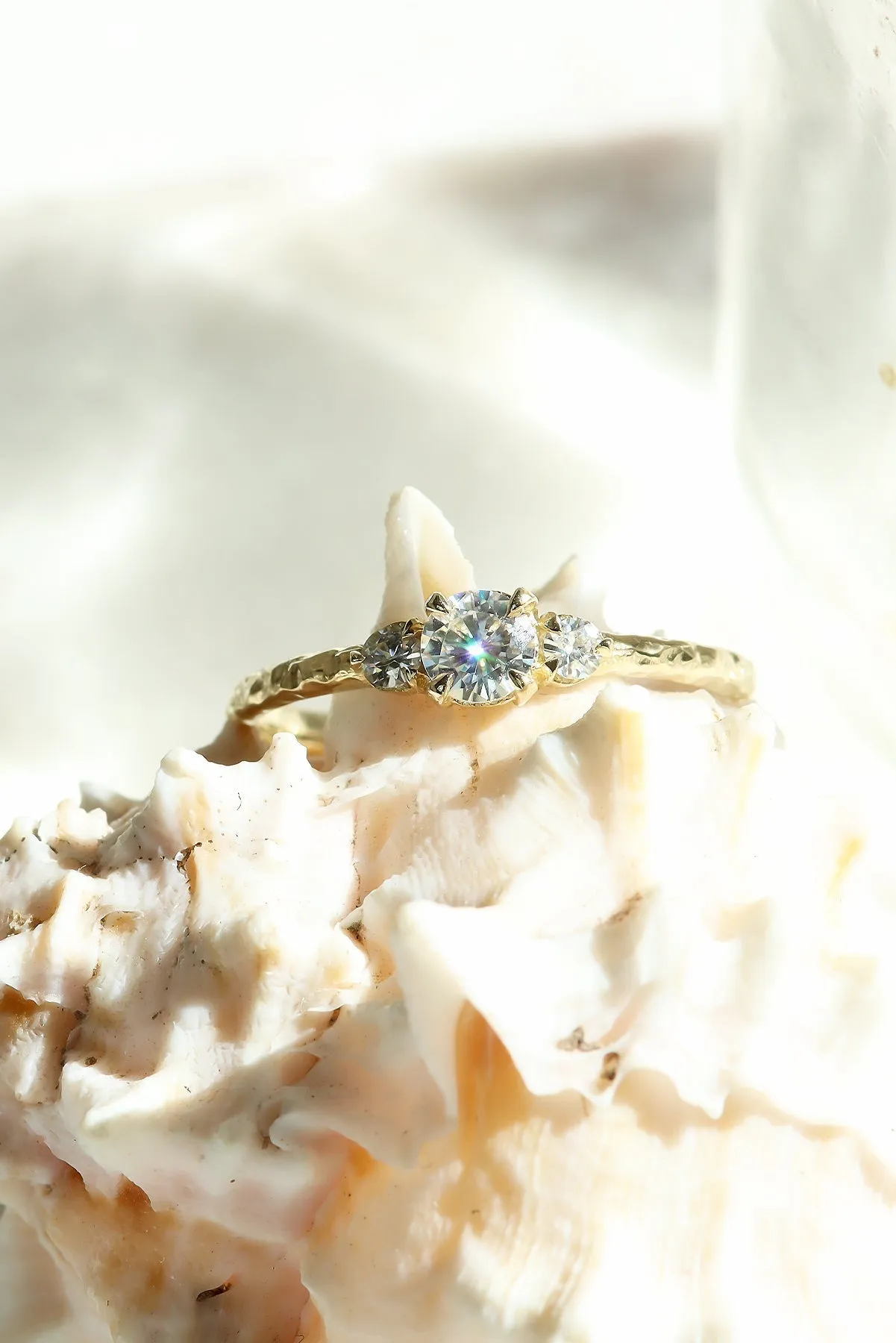 Three Stone Engagement Ring With Hammered Band Texture in Solid Gold (Ready To Ship)