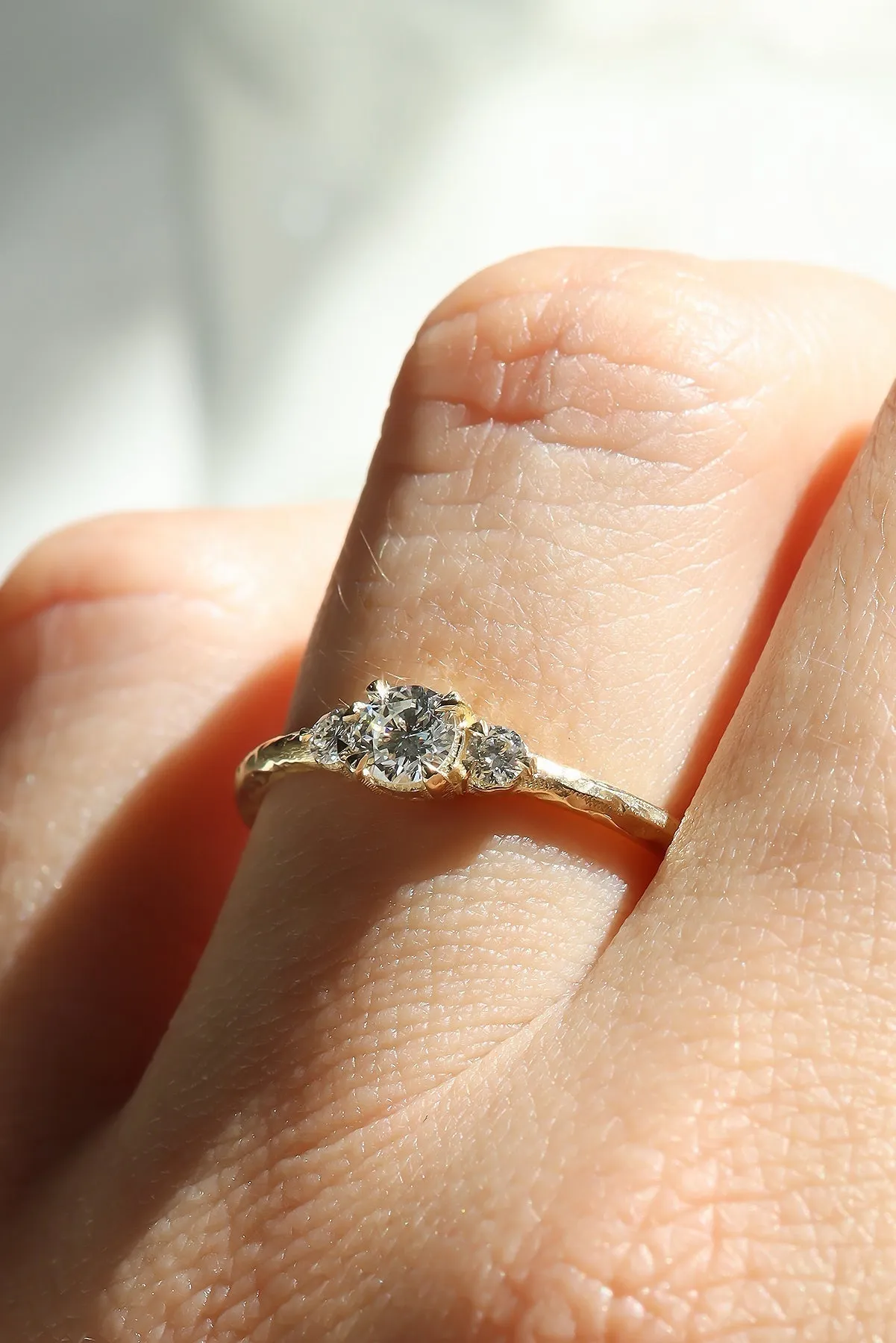 Three Stone Engagement Ring With Hammered Band Texture in Solid Gold (Ready To Ship)